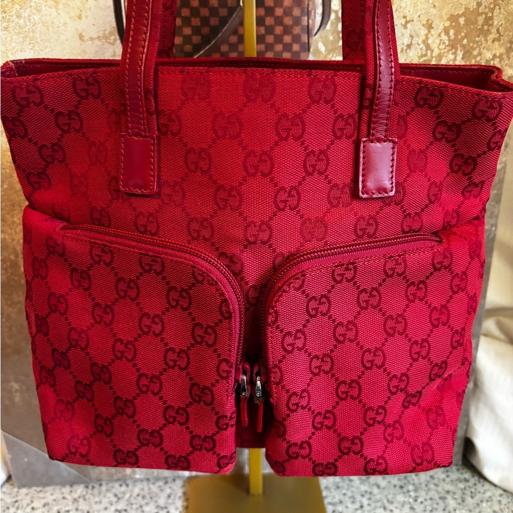 Gucci Red Tote Bag with Iconic Monogram/Authentic